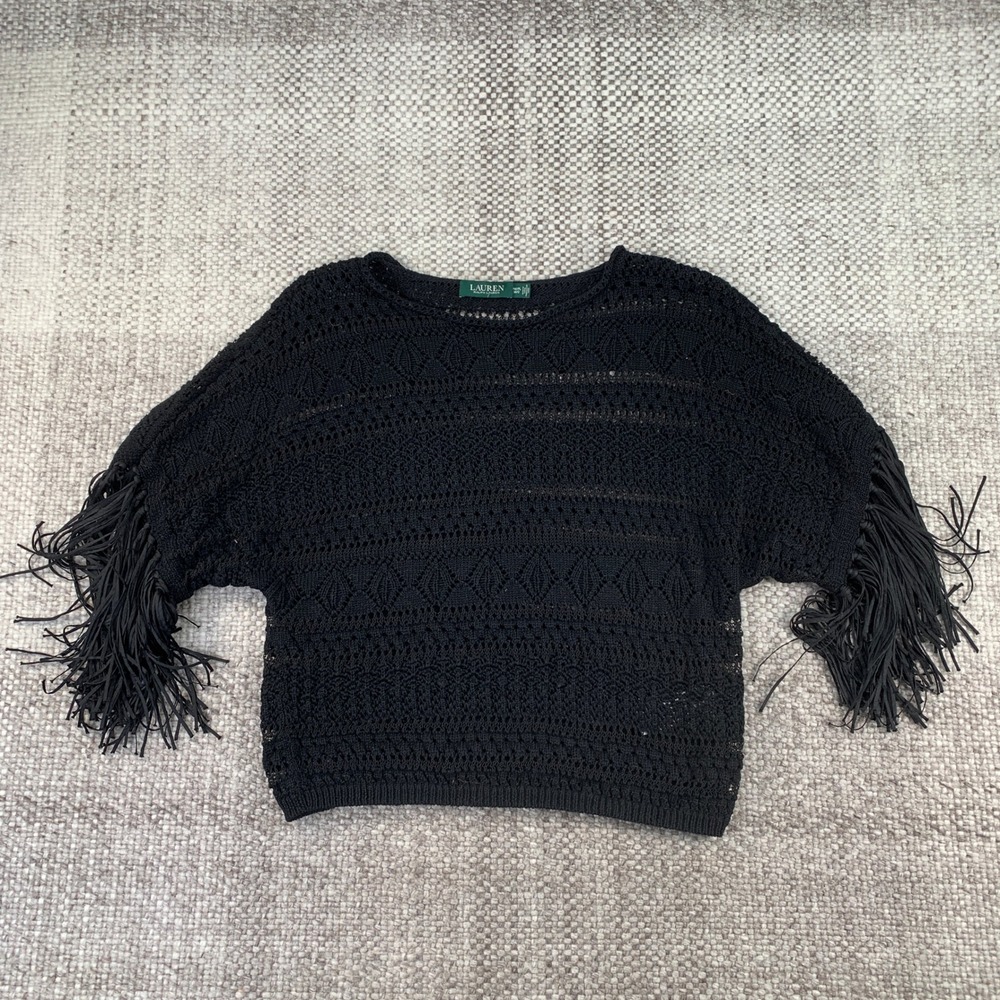 Lauren Ralph Lauren Knit Top Womens M Black Fringe Sleeve Pointelle Crochet
